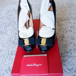 Patent Ferragamo peep toe heels size 7. Great condition, receipt, box, dust bag